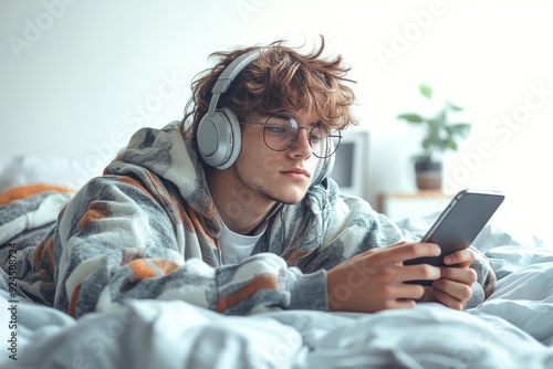  A teenager lying on their bed, holding a phone horizontally with headphones on. Generative AI photo