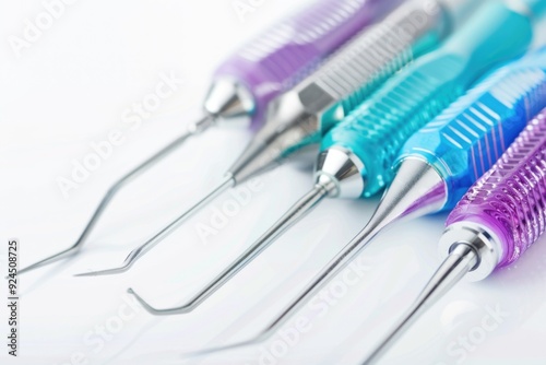 A collection of dental instruments arranged neatly on a white surface, ideal for medical or educational settings