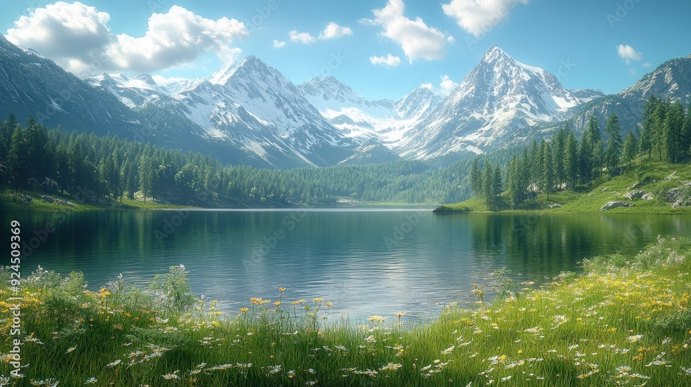 Fototapeta premium Serene Mountain Lake with Snow-capped Peaks