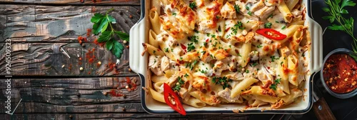 Obraz  z motywem Creamy Chicken and Mushroom Pasta Bake Topped with Melting Cheese and Spicy Red Pepper in Baking Dish on Dark Wooden Surface, Overhead View
