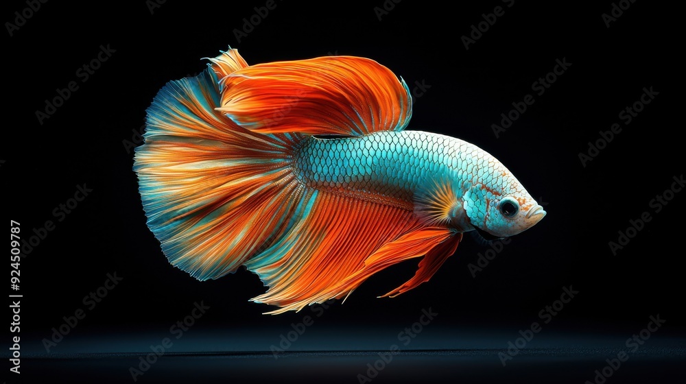 Fototapeta premium Vibrant Siamese Fighting Fish with flowing fins, showcasing rich aqua blue and green colors, set against a deep black background