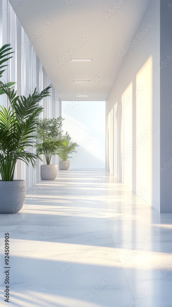Fototapeta premium Modern Office Interior: A Minimalist Design Featuring Potted Plants on Light Backgrounds, Embracing the Concept of Contemporary Architecture in 3D Render.
