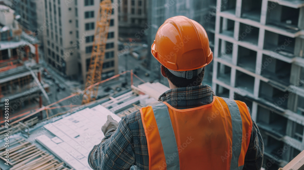 Construction worker in a hard hat, inspecting materials before starting work on a new project Construction worker in a hard hat, inspecting materials before starting work on a new project