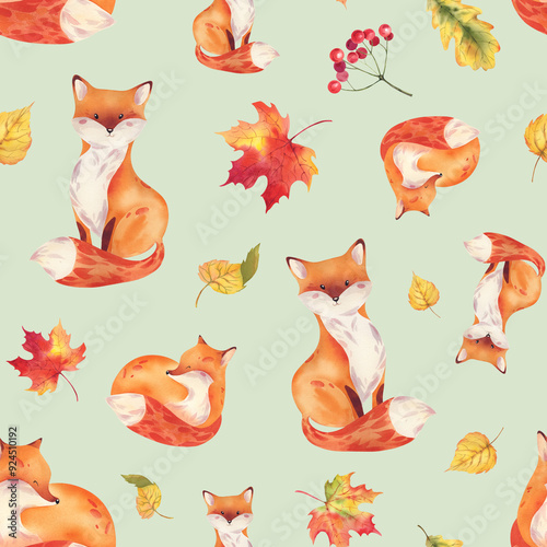 A fox with autumn leaves. A hand-drawn watercolor illustration. Seamless pattern with foxes and yellowed maple, birch, oak and viburnum leaves. photo