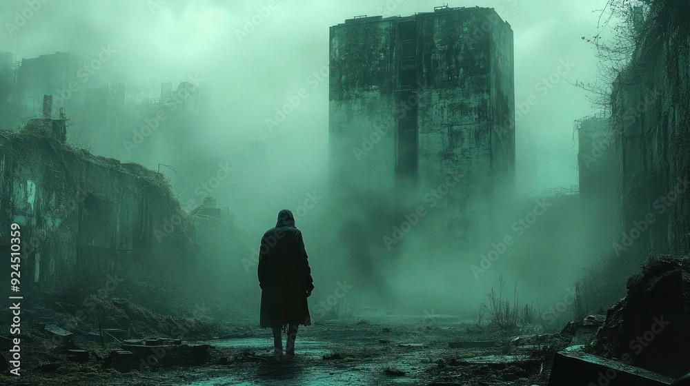 Fototapeta premium A solitary figure walks through a desolate, fog-shrouded city, hinting at a post-apocalyptic world.