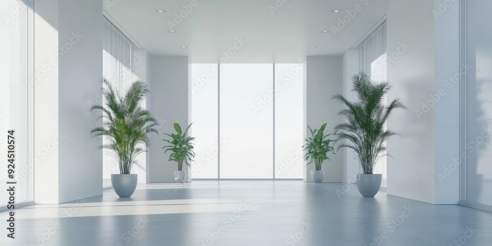 Fototapeta premium Modern Office Interior: A Minimalist Design Featuring Potted Plants on Light Backgrounds, Embracing the Concept of Contemporary Architecture in 3D Render.