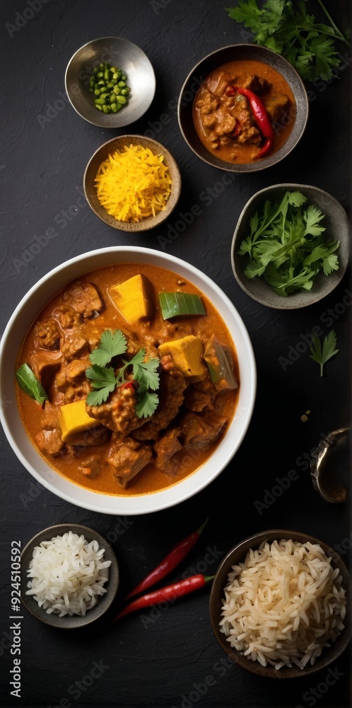 Elegant Curry Meat with Rice and Vegetables on a Dark Background Elegant Curry Meat with Rice and Vegetables on a Dark Background