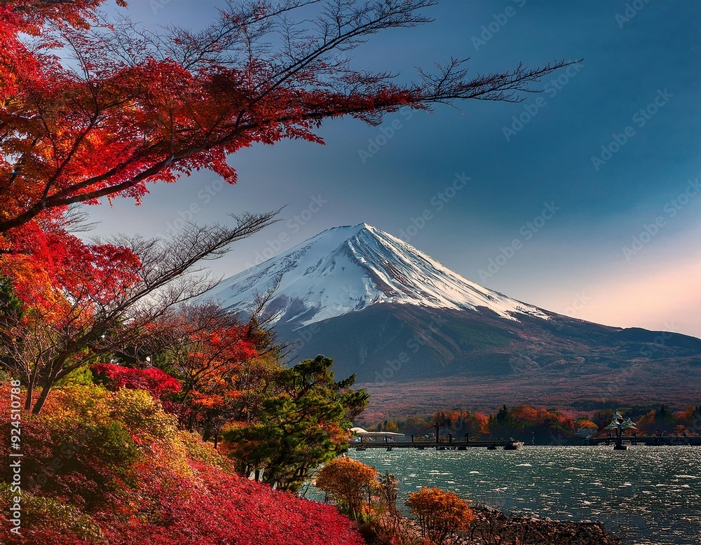 Fototapeta premium Mountain like Fuji in Japan landscape in autumn vibes