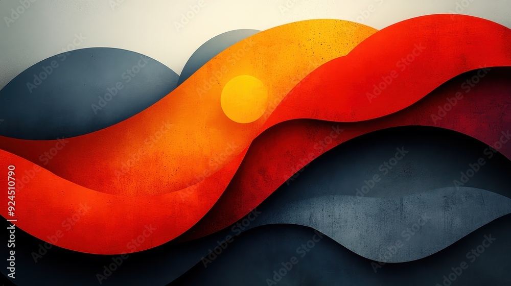Obraz premium Abstract Wavy Background with Sun and Red, Orange, and Blue Colors.