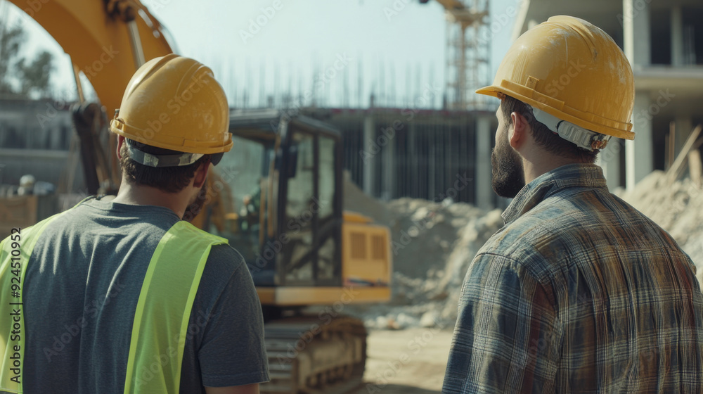 Construction workers in hard hats operating heavy machinery on site