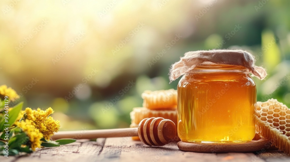 Honey Jar with Honeycomb on Wooden Table Honey Jar with Honeycomb on Wooden Table