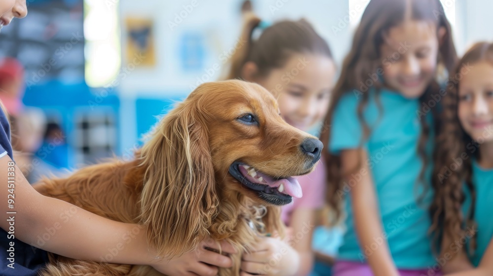 Happy Golden Retriever Surrounded by Children in a Bright and Playful Environment Happy Golden Retriever Surrounded by Children in a Bright and Playful Environment