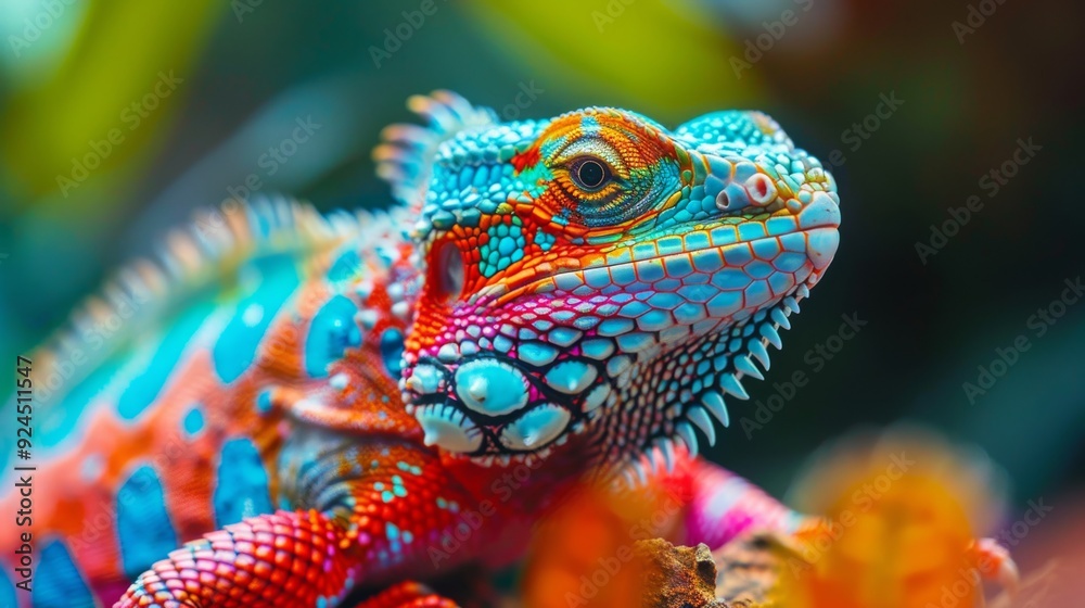 Obraz premium Vibrant Close-Up of a Colorful Iguana in a Tropical Environment with Detailed Skin Patterns