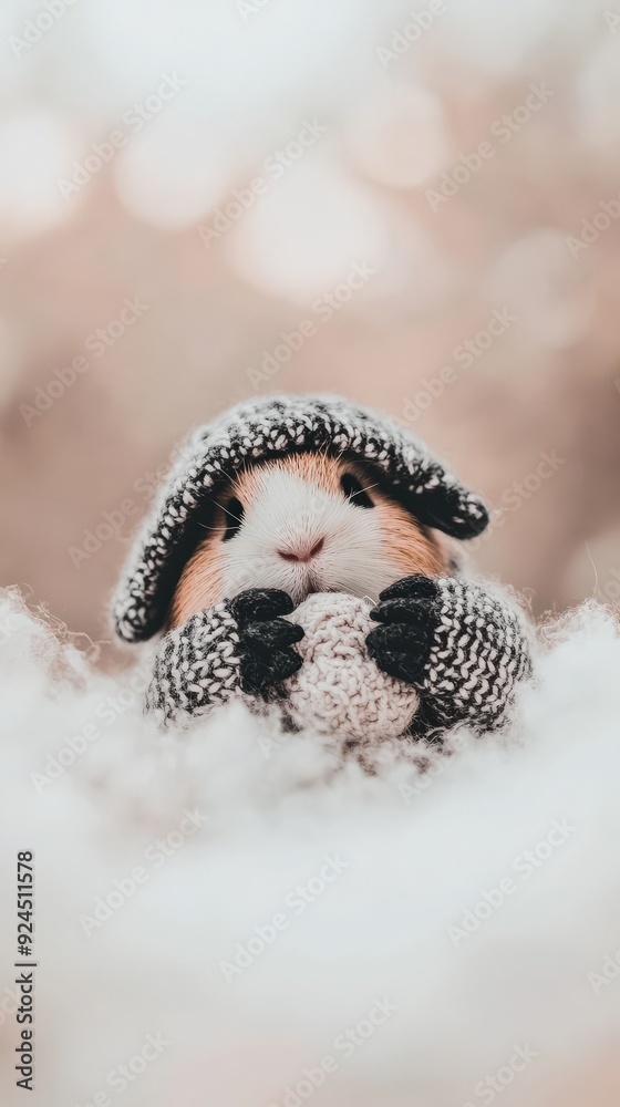 Obraz premium A guinea pig is snugly wrapped in a knitted hat and mittens, grasping a small ball while surrounded by soft, fluffy textures