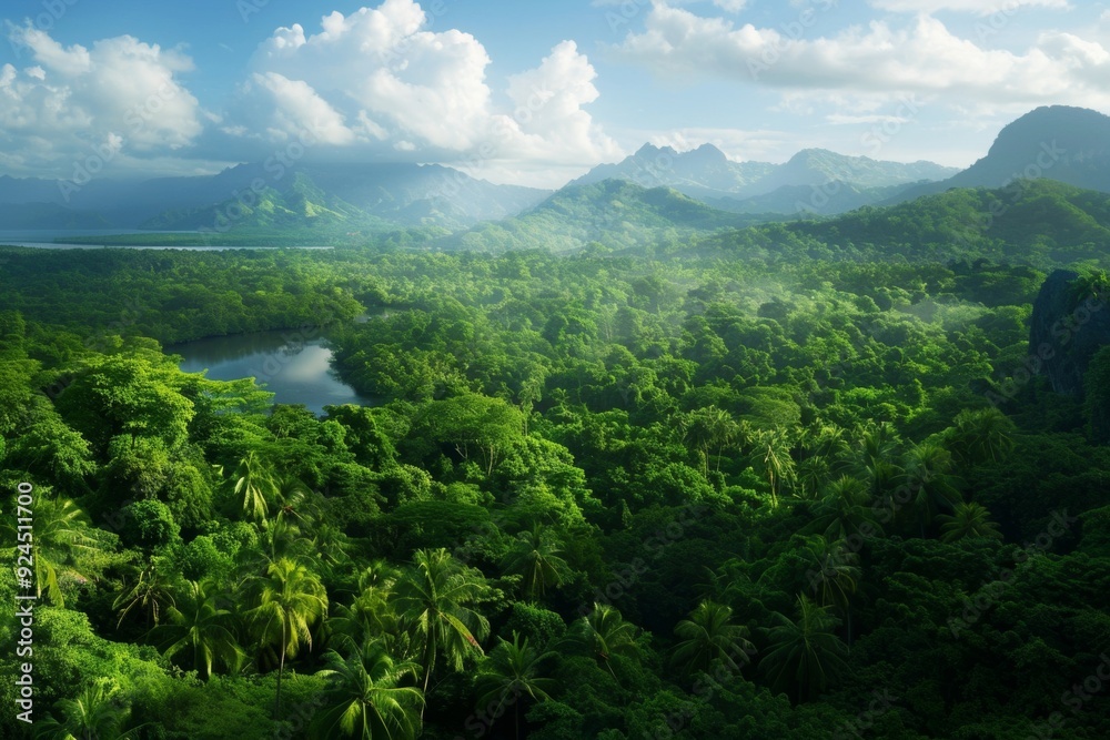 Fototapeta premium A forest vista showcasing a rich ecosystem reveals diverse flora and fauna in a lush, expansive setting. 