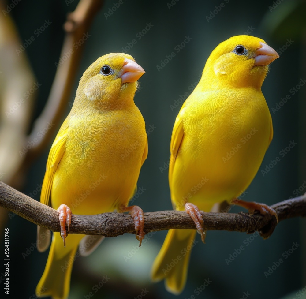Fototapeta premium A Pair of Golden Canaries in a Birdhouse: A Warm and Cozy Avian Abode Celebrating the Joy of Pet Companionship.
