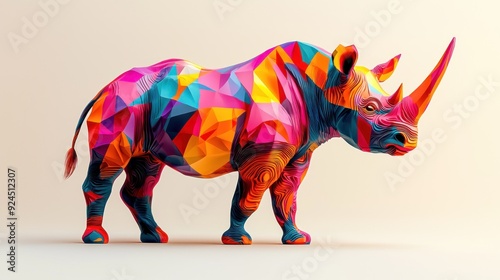 Conceptual photography of a colorful, abstract animal figure, intricately designed with bold graphic shapes and patterns. The image blends artistic creativity with a modern aesthetic, emphasizing the