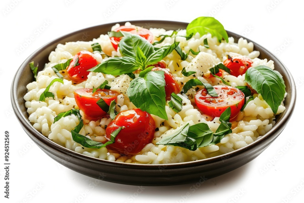 A bowl of pasta salad with cherry tomatoes, basil, and cheese, garnished with herbs. A bowl of pasta salad with cherry tomatoes, basil, and cheese, garnished with herbs.