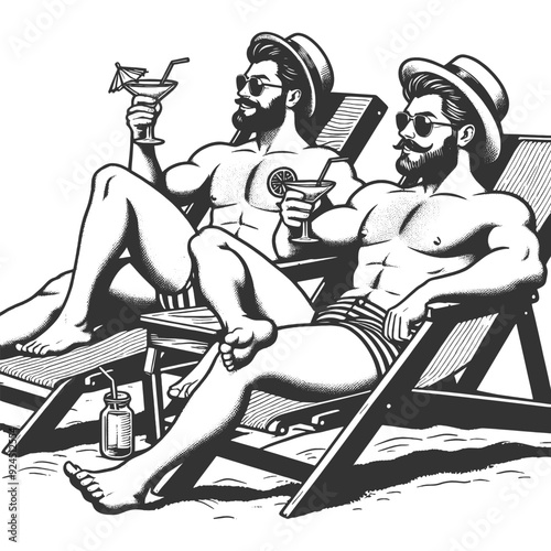 two men lounging in beach chairs, sipping cocktails under an umbrella, relaxed and carefree summer scene with a retro flair sketch engraving generative ai vector illustration. Black and white image.