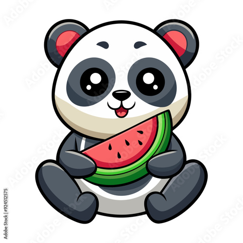 A cute cartoon panda eating watermelon vector illustration isolated on a white background