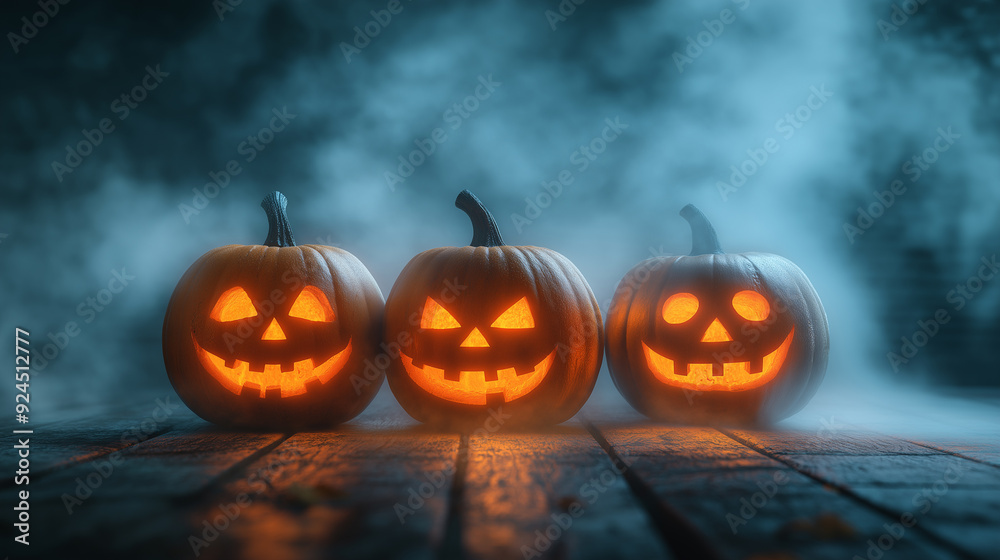 three halloween pumpkins stand on wooden background, fog behind and space for text fog three halloween pumpkins stand on wooden background, fog behind and space for text fog
