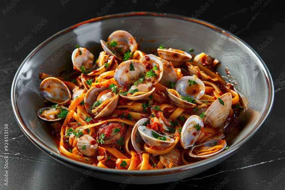 A bowl of pasta with clams in a rich tomato sauce, garnished with herbs. A bowl of pasta with clams in a rich tomato sauce, garnished with herbs.