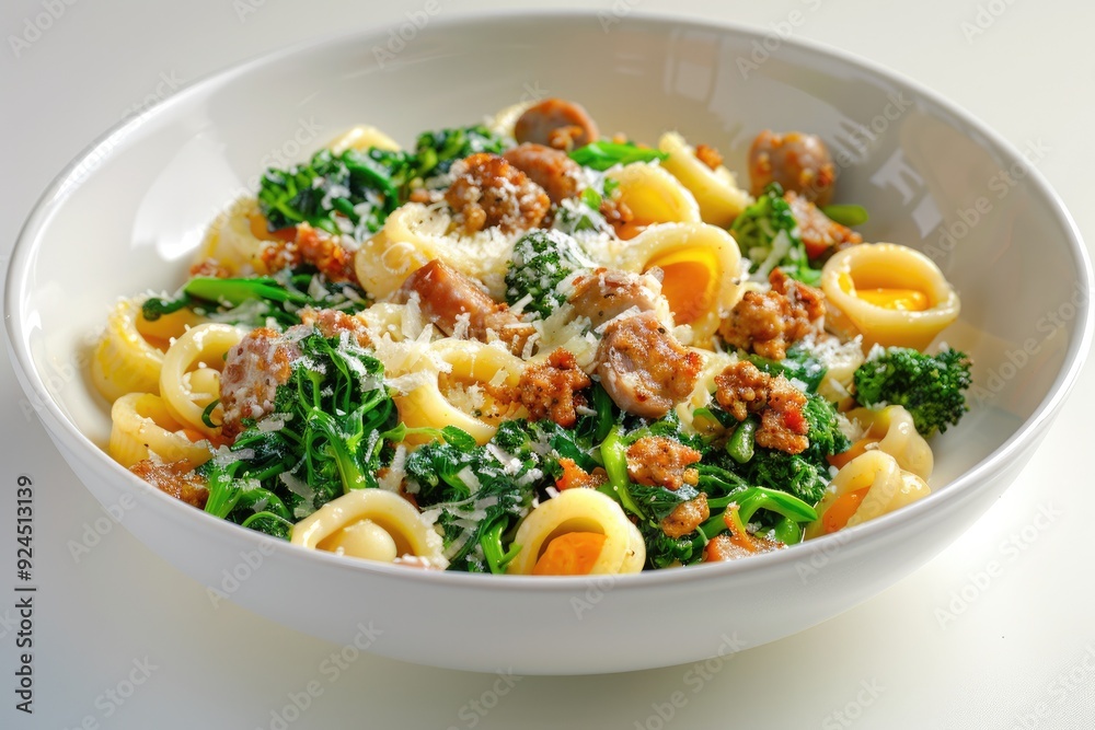 A bowl of pasta with sausage, greens, and cheese, showcasing a delicious meal. A bowl of pasta with sausage, greens, and cheese, showcasing a delicious meal.
