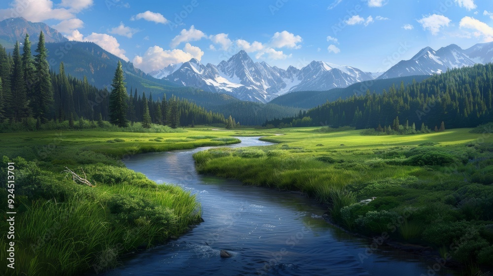 River meadows within a vast wilderness showcase a tranquil landscape where flowing rivers meet open meadows, surrounded by untamed natural beauty. River meadows within a vast wilderness showcase a tranquil landscape where flowing rivers meet open meadows, surrounded by untamed natural beauty.