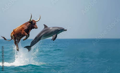dolphin and cow jumping from ocean water generated by AI