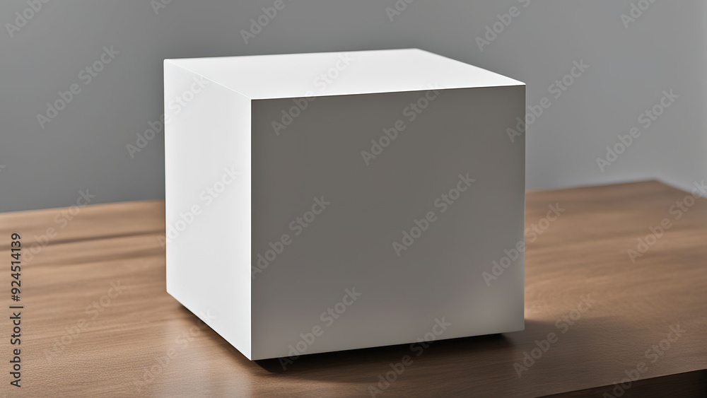 White cube on a wooden surface, creating a minimalist product display or presentation. White cube on a wooden surface, creating a minimalist product display or presentation.