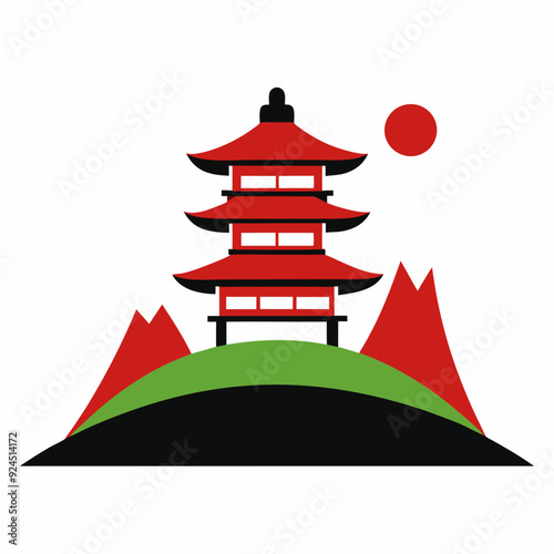 Japanese temple on a hill vector illustration