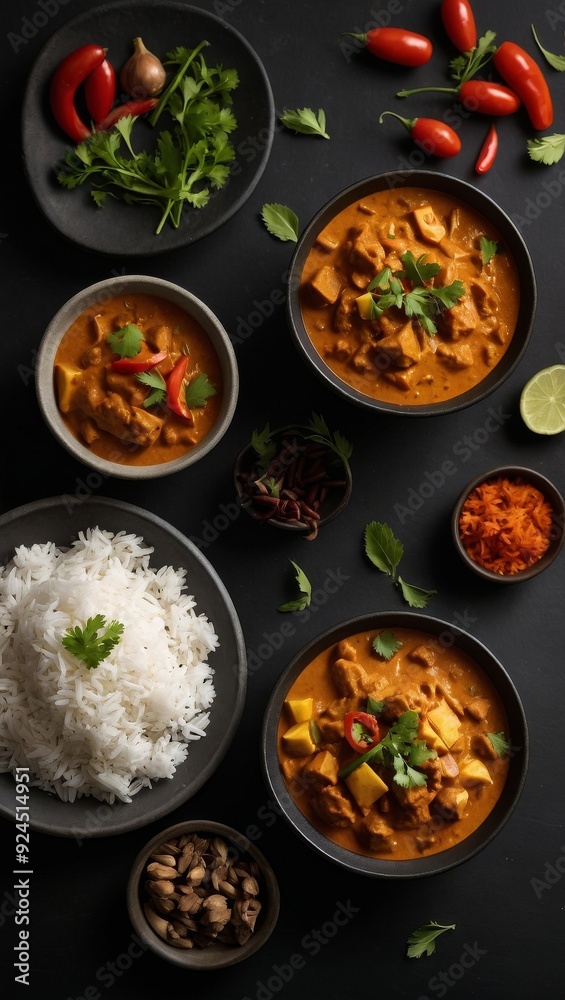 Elegant Curry Meat with Rice and Vegetables on a Dark Background Elegant Curry Meat with Rice and Vegetables on a Dark Background
