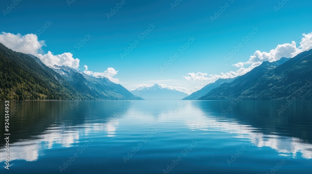 Fototapeta premium Serene Mountain Lake with Clear Blue Sky and Majestic Peaks in the Background