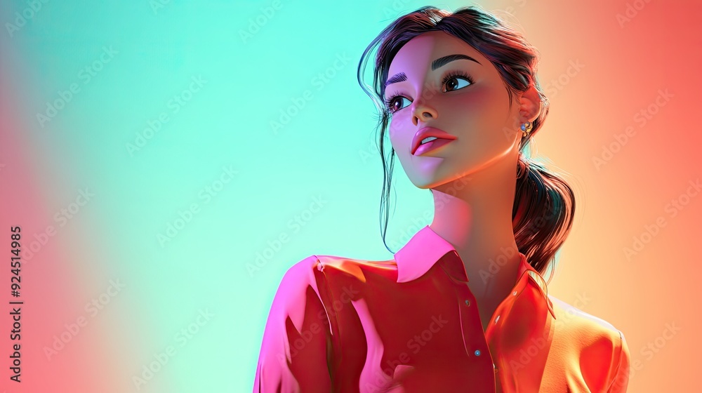 A colorful 3D cartoon woman in a red shirt gazes off into the distance A colorful 3D cartoon woman in a red shirt gazes off into the distance