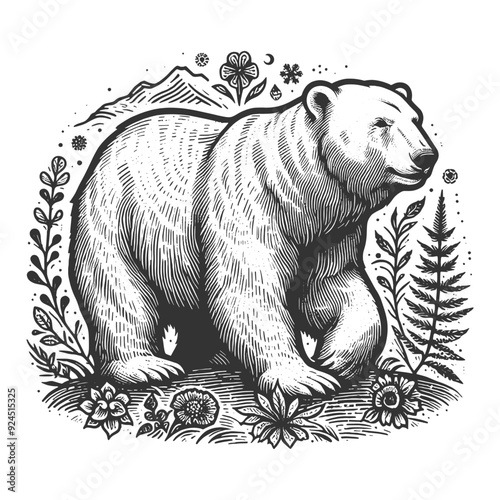 Polar white bear surrounded by flowers, plants, and mountain scenery, sketch engraving generative ai vector illustration. Scratch board imitation. Black and white image.