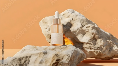 Elegant Cosmetic Serum Bottle on Natural Stone with Warm Backlight. Generative AI