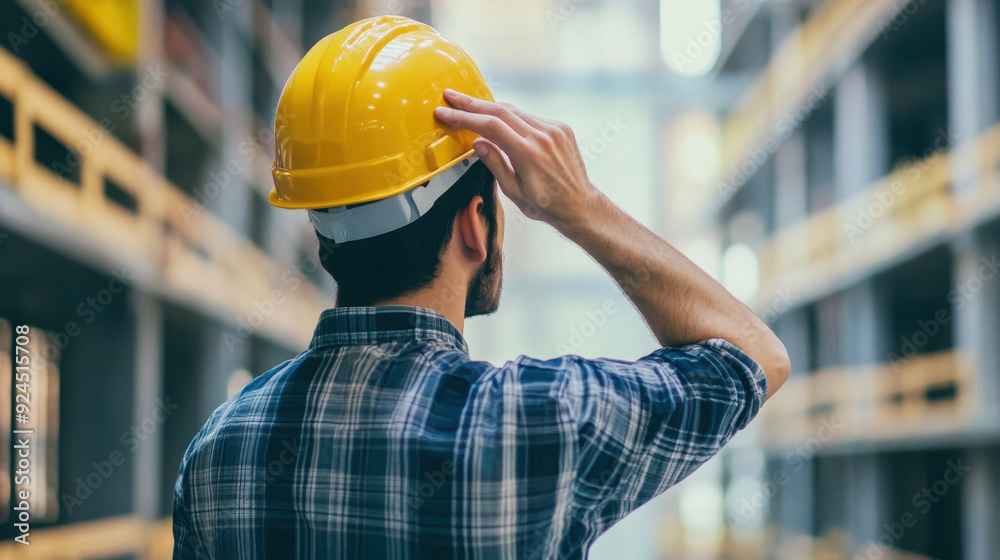 Engineer in a hard hat, checking measurements with a laser level on a construction site Engineer in a hard hat, checking measurements with a laser level on a construction site