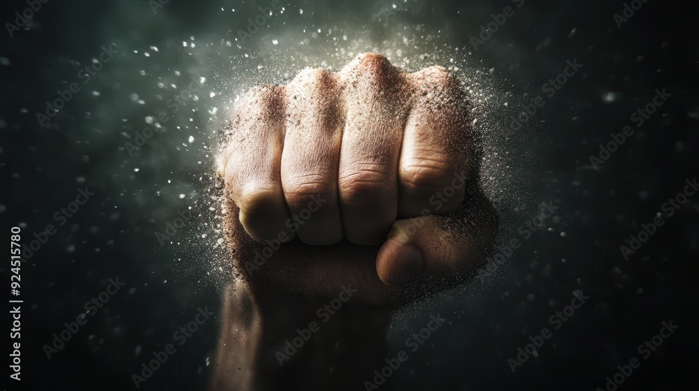 Obraz premium Powerful Fist Punching Through Dust and Smoke in Dramatic Lighting