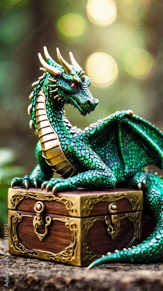 Fototapeta premium A mystical dragon curled around a treasure hoard, its emerald eyes gleaming with ancient wisdom