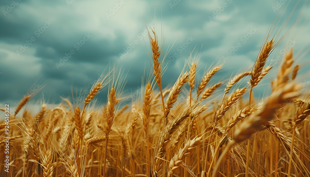 Fototapeta premium field of golden wheat sways gently in the wind, a dramatic sky above
