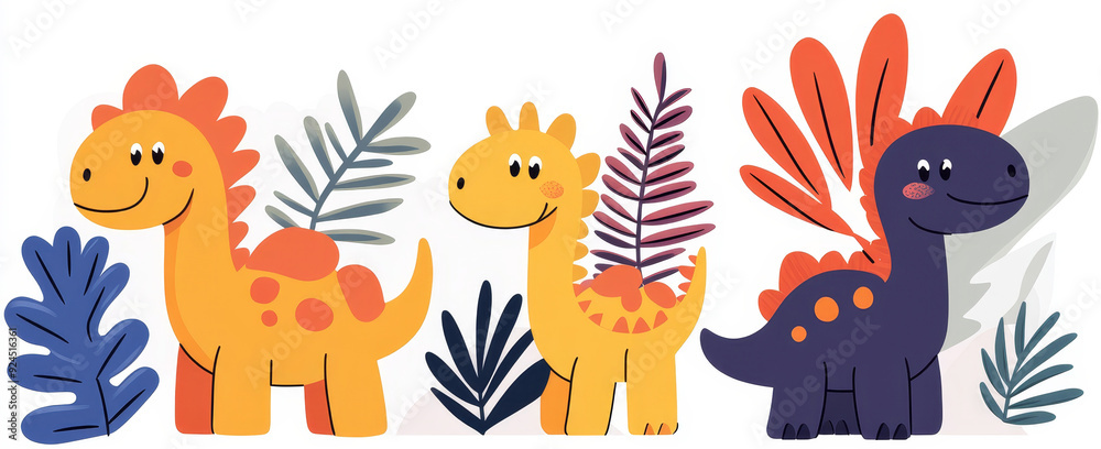 Fototapeta premium Baby dinosaurs, prehistoric jungle, whimsical style, bright and cheerful