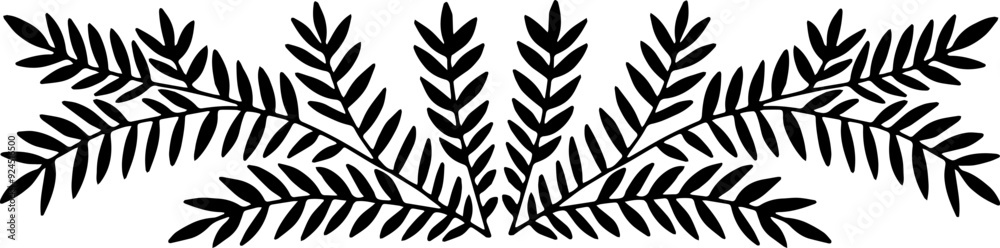 Symmetrical twig with leaves. Hand drawing. Vector illustration.