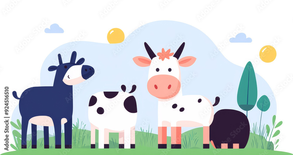 Naklejka premium Cute herbivores, ancient meadows, adorable interactions, bright background
