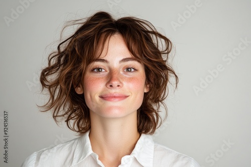 Young Confident Woman In A White Elegant Shirt, Smiling In A Professional Portrait