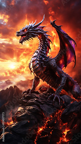 A majestic dragon soaring through a fiery sky, its iridescent scales glinting in the sunlight