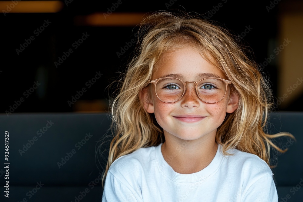 Young Girl Smiles, Working On A Laptop, Glasses And White Shirt, Full Of Energy Young Girl Smiles, Working On A Laptop, Glasses And White Shirt, Full Of Energy