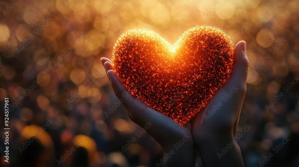Fototapeta premium Hands Holding a Glowing Heart Shaped Object Against a Golden Bokeh Background