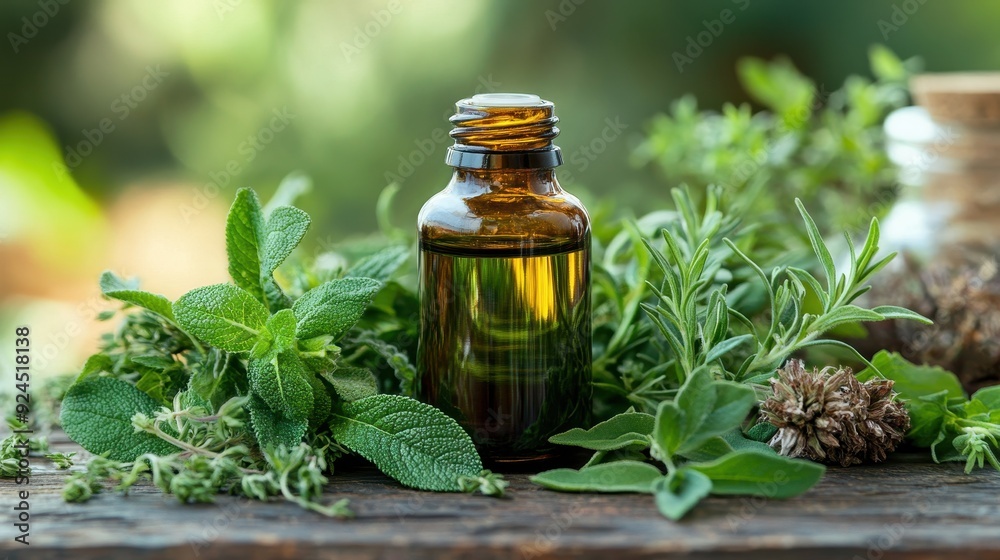 Essential Oil Bottle with Herbs. Essential Oil Bottle with Herbs.