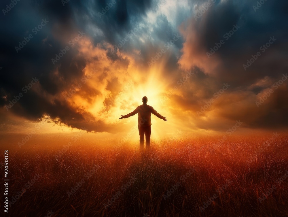 Man Standing in Field with Dramatic Sunset and Stormy Sky, Embracing Nature's Beauty and Power Man Standing in Field with Dramatic Sunset and Stormy Sky, Embracing Nature's Beauty and Power