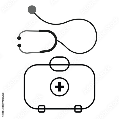 Stethoscope and medical aid icon in grey scale isolated on white background.